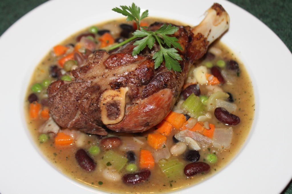 Braised Lamb Shank, roasted root veg and five bean ragout